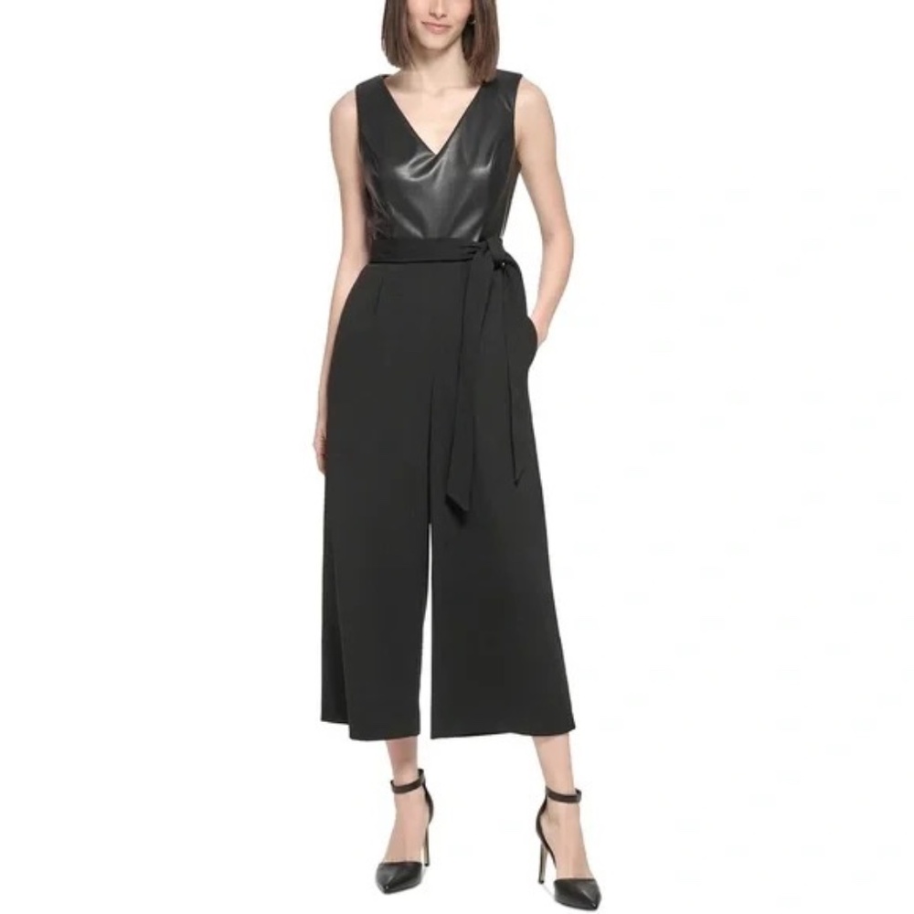 Calvin Klein Faux-Leather Top Belted Wide Leg Jumpsuit Size 10-12 Black